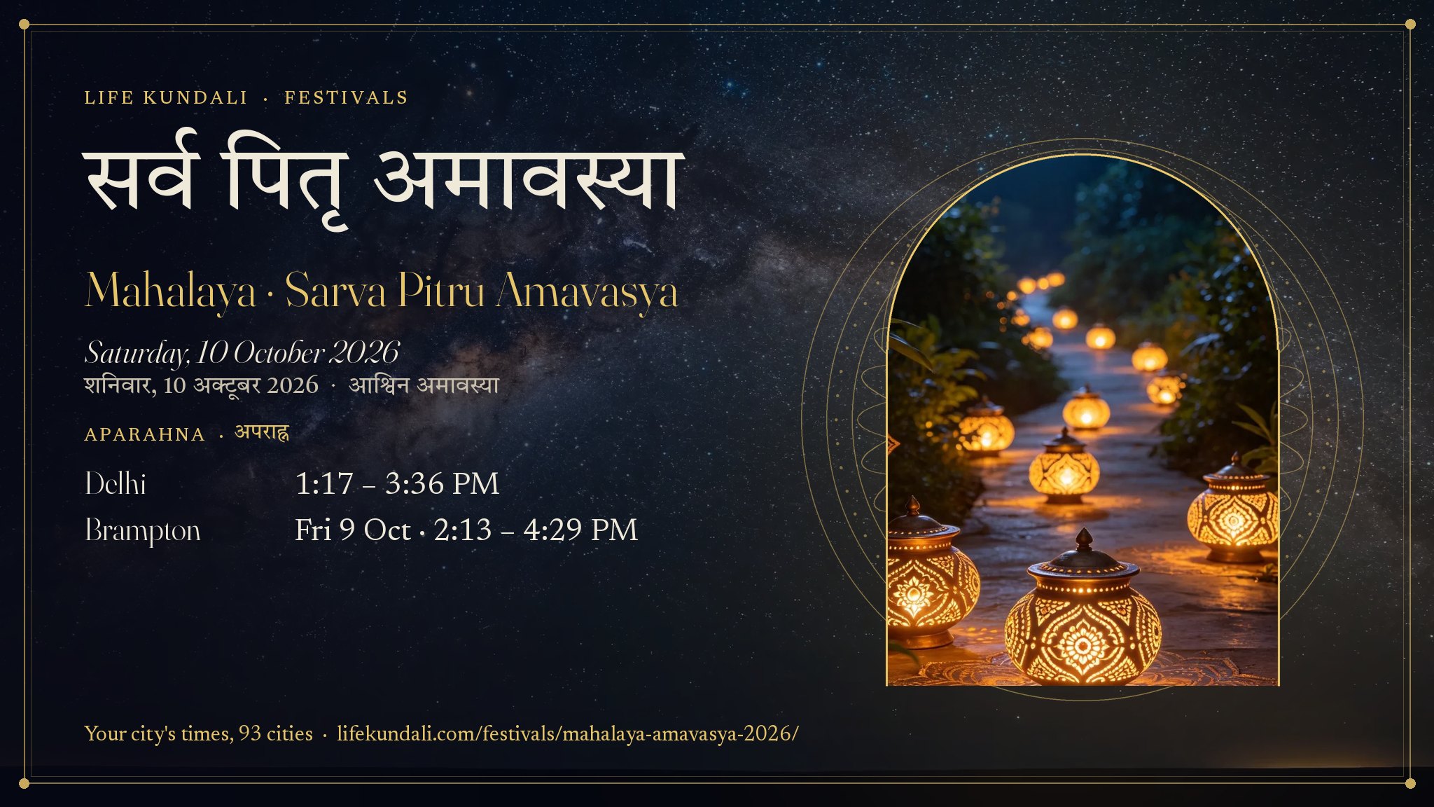 Mahalaya · Sarva Pitru Amavasya 2026 card: सर्व पितृ अमावस्या, Saturday, 10 October 2026, Aparahna Delhi 1:17 – 3:36 PM