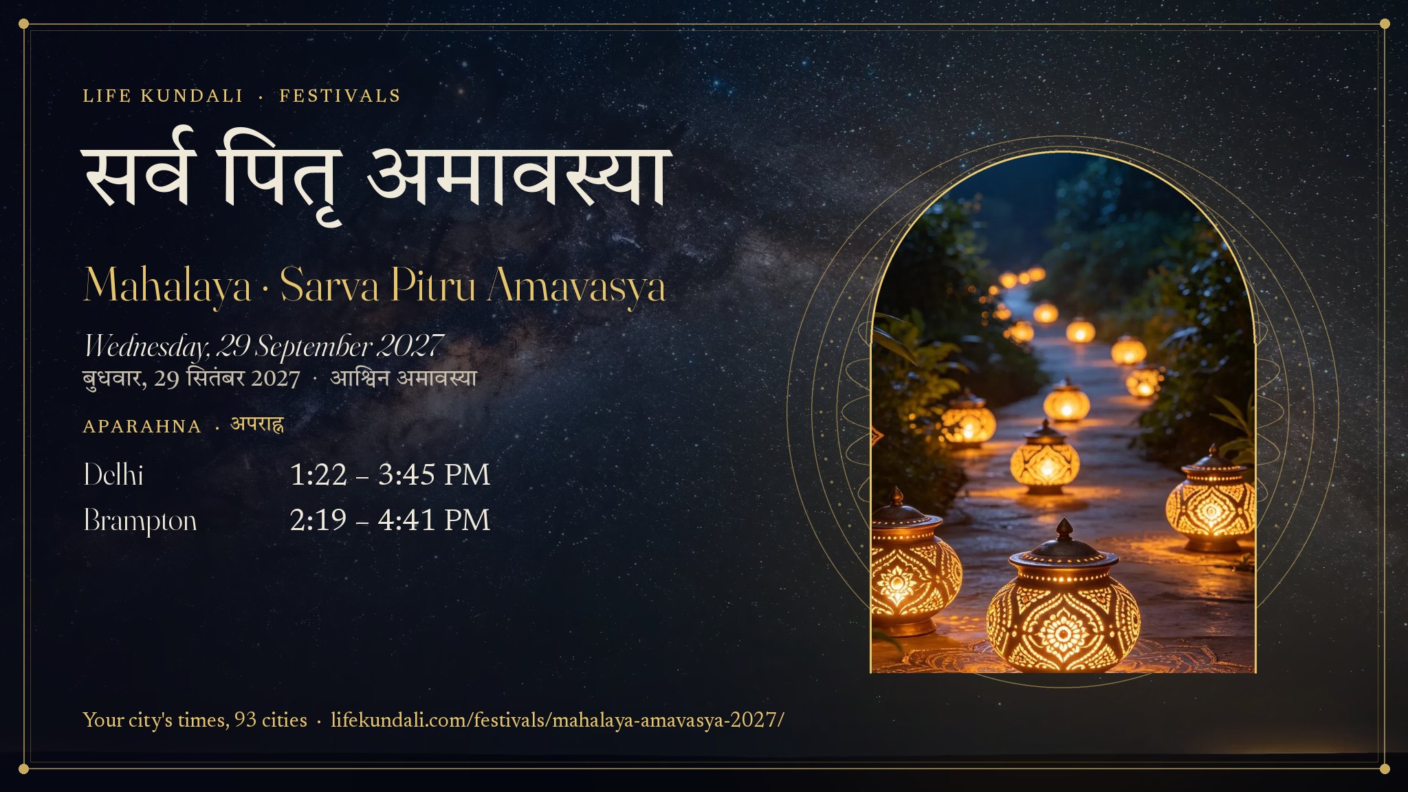Mahalaya · Sarva Pitru Amavasya 2027 card: सर्व पितृ अमावस्या, Wednesday, 29 September 2027, Aparahna Delhi 1:22 – 3:45 PM