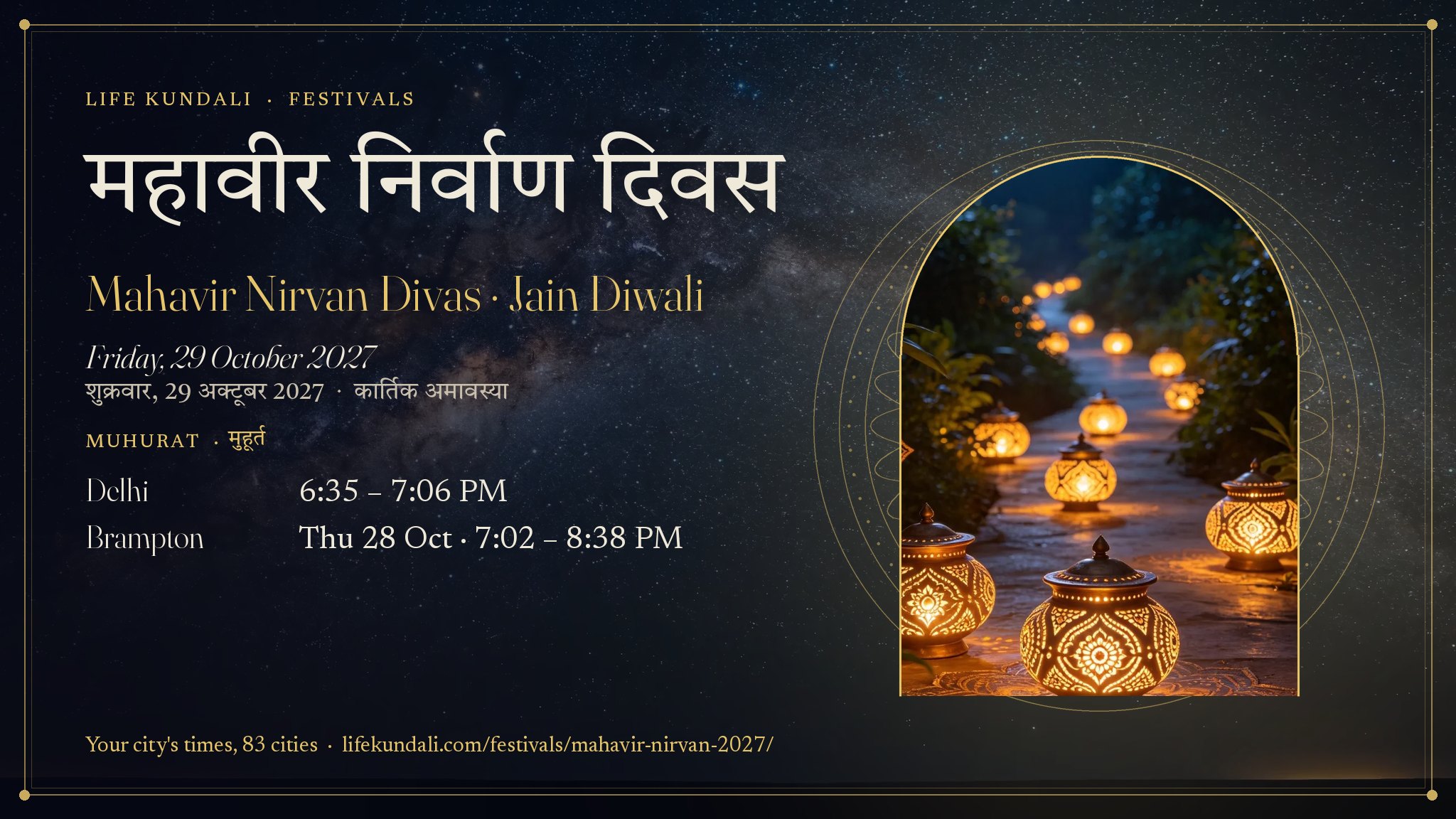 Mahavir Nirvan Divas · Jain Diwali 2027 card: महावीर निर्वाण दिवस, Friday, 29 October 2027, Muhurat Delhi 6:35 – 7:06 PM