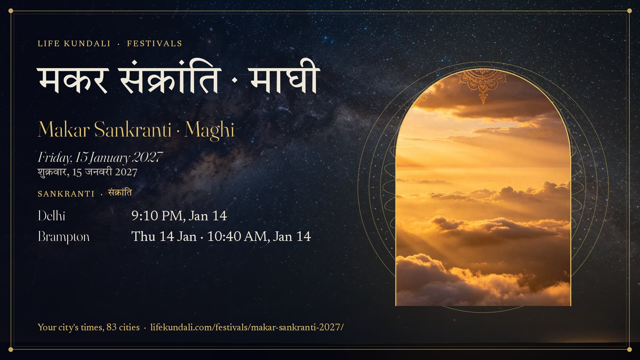Makar Sankranti · Maghi 2027 card: मकर संक्रांति · माघी, Friday, 15 January 2027, Sankranti Delhi 9:10 PM, Jan 14